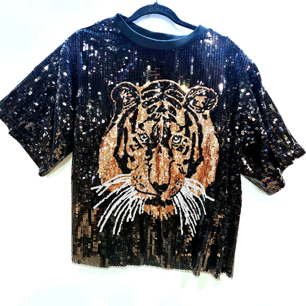 Camiseta tigre lentejuelas negra