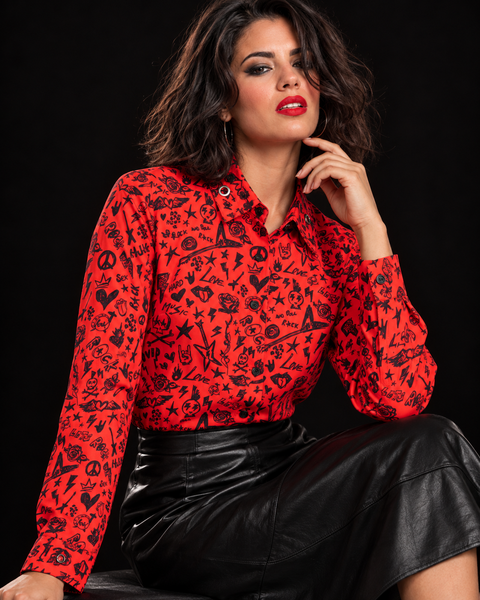 Camisa de corte recto con ojales en cuello - ROCK AND ROLL