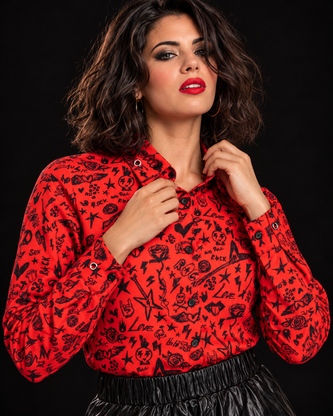 Camisa de corte recto con ojales en cuello - ROCK AND ROLL
