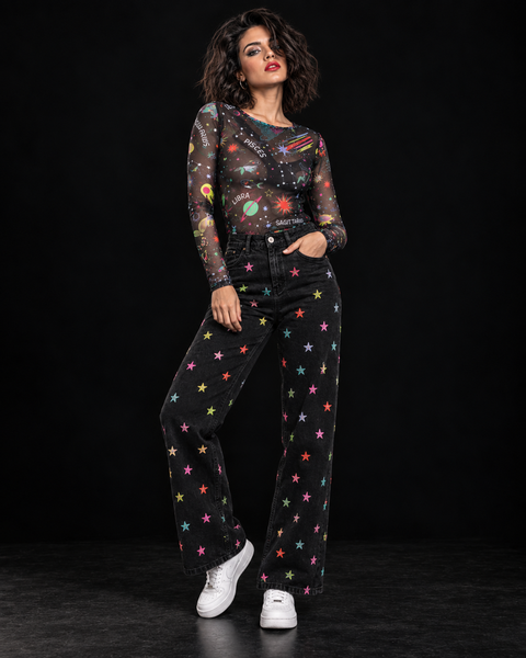 Jeans pernera ancha bordados Stars
